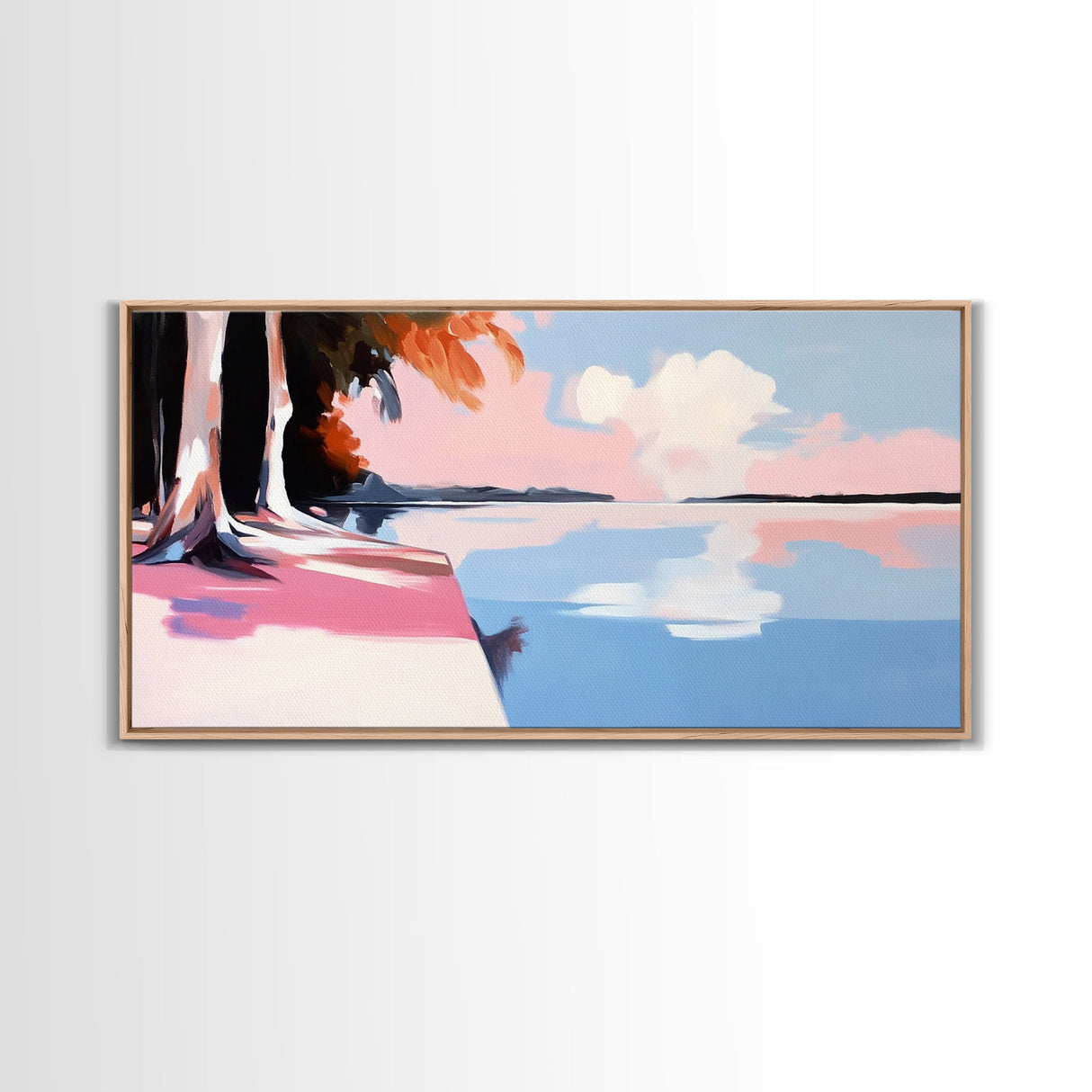 Serene Lake View, Tranquil Waters, Sunset Reflection, Nature Wall Art, Framed Canvas Print, Living Room Decor, Minimalist Landscape