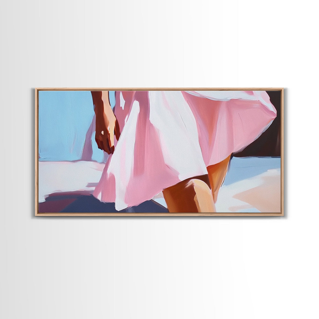 Flowing Summer Dress, Feminine Boho Art, Elegant Beach Print, Fashion Aesthetic Decor, Soft Pastel Painting, Bedroom Framed Canvas Print