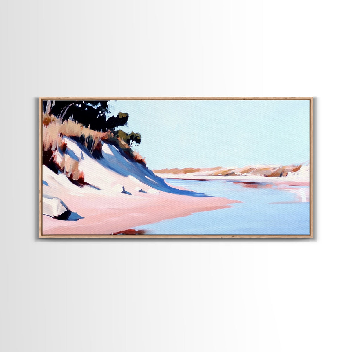 Sandy Riverbank, Minimalist Nature Art, Soft Pastel Landscape, Warm Earthy Print, Rustic Home Decor, Boho Wall Art, Framed Canvas Print