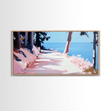 Sunlit Pathway, Serene Nature Art, Forest Trail Print, Pink Blue Landscape, Scenic Wall Decor, Calm Aesthetic Home, Framed Canvas Print