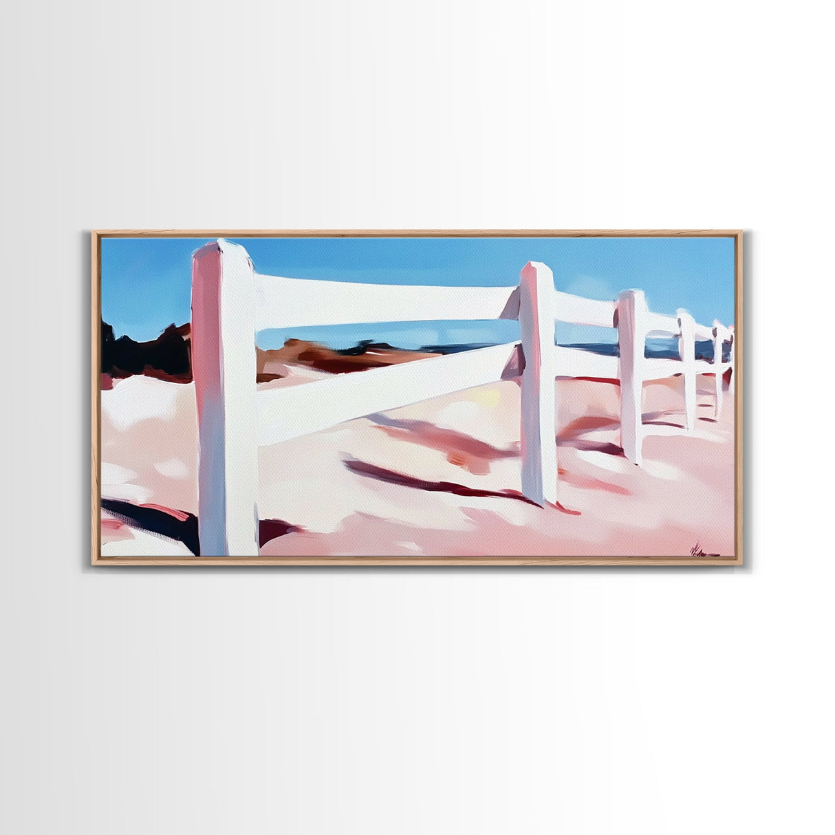 White Fence, Coastal Landscape, Pastel Beach Art, Framed Canvas Print, Minimalist Wall Decor, Ocean View Painting, Summer Art