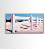 White Fence, Coastal Landscape, Pastel Beach Art, Framed Canvas Print, Minimalist Wall Decor, Ocean View Painting, Summer Art