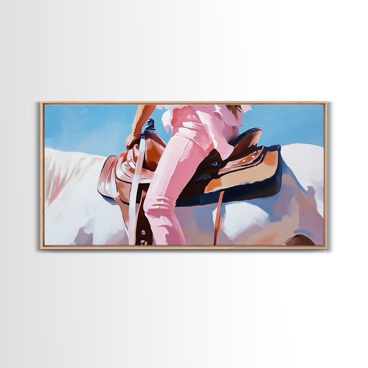 Western Rider, Cowgirl Art, Equestrian Wall Decor, Rustic Country Aesthetic, Pink and White Painting, Ranch Home Decor, Framed Canvas Print