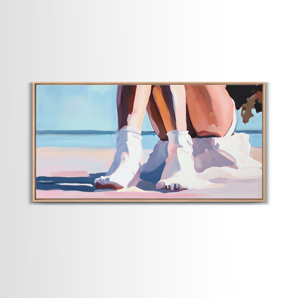 Beach Sitting, Relaxing Moment, Coastal Escape, Soft Pastels, Framed Canvas Print, Boho Art, Bedroom Wall Decor, Modern Minimalist Art