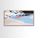 Winter River Scene, Snowy Landscape, Blue Wall Art, Modern Framed Canvas Print, Living Room Decor, Minimalist Nature Painting