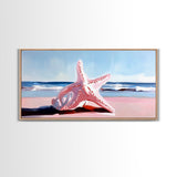 Starfish on Beach, Coastal Wall Art, Ocean Inspired Decor, Nautical Framed Canvas Print, Blue and Pink Summer Vibes Artwork