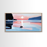 Sunset Glow, Coastal Waves, Framed Canvas Print, Minimalist Seascape, Ocean Sunset Art, Living Room Decor, Beach Aesthetic