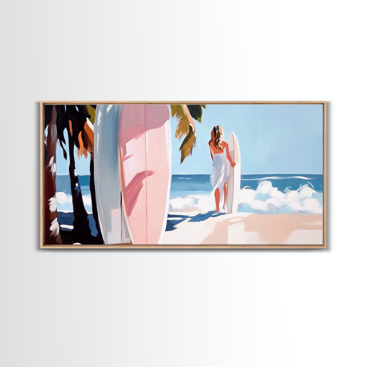 Surfer Girl, Coastal Art, Framed Canvas Print, Beach Wall Decor, Tropical Aesthetic, Ocean Painting, Summer Vibes, Modern Home Art