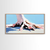 Tree, Root, Beach, Framed Canvas Print, Coastal Wall Art, Nature Inspired, Minimalist Art, Tranquil Home Decor, Pastel Painting