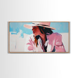 Woman, Sun Hat, Beach, Framed Canvas Print, Fashion Art, Minimalist Style, Boho Home Decor, Coastal Chic, Pastel Summer Painting