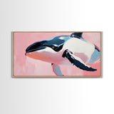 Whale, Ocean Beauty, Nautical Wall Art, Coastal Decor, Living Room Statement, Framed Canvas Print, Pastel Marine Life, Soft Pink Blue Tones