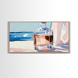 Glass Bottle, Ocean View, Beach House Decor, Coastal Aesthetic, Elegant Still Life, Framed Canvas Print, Pastel Home Decor, Tranquil Art
