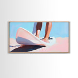Surfing Vibes, Coastal Sport Art, Minimalist Ocean Painting, Pastel Beach Decor, Framed Canvas Print, Adventure Inspired, Living Room Art