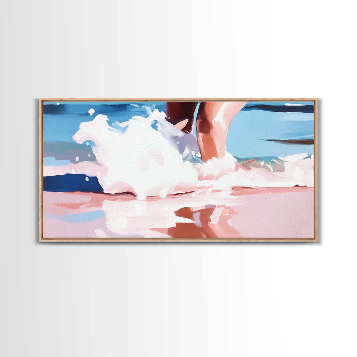 Ocean Waves, Coastal Beach Art, Water Splash Photography, Summer Boho Print, Blue and Pink Pastel Tones, Framed Canvas Print, Bathroom Art