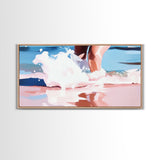 Ocean Waves, Coastal Beach Art, Water Splash Photography, Summer Boho Print, Blue and Pink Pastel Tones, Framed Canvas Print, Bathroom Art