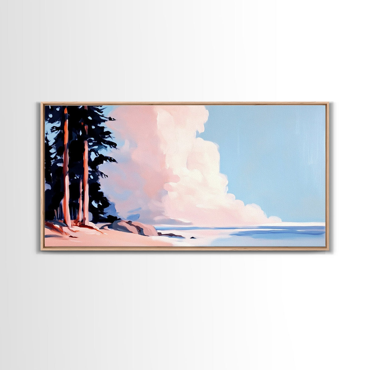 Seaside Pines, Coastal View, Tranquil Landscape, Canvas Print, Nature Wall Art, Beach House Decor, Living Room Art, Blue Minimalist Art
