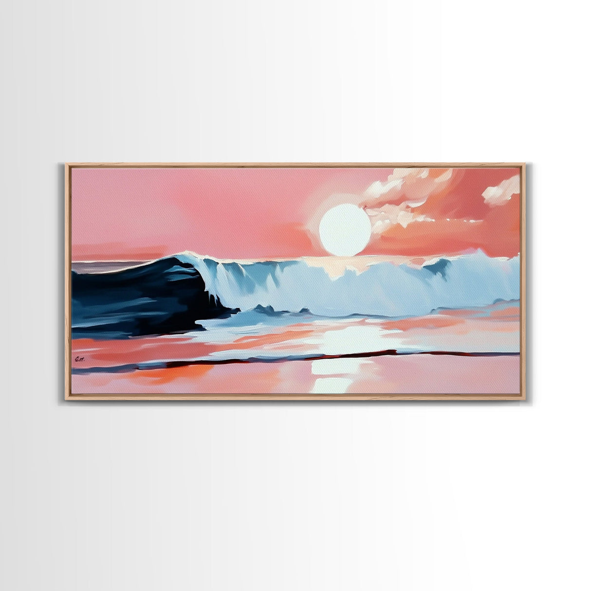 Pink Sunset, Ocean Waves, Coastal Art, Beach Decor, Framed Canvas Print, Modern Wall Art, Nautical Art, Living Room Wall Art