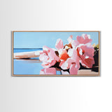 Beach Flowers, Coastal Art, Pink Peonies, Seaside Decor, Framed Canvas Print, Living Room Wall Art, Romantic Art, Boho Aesthetic