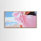 Flowing Dress, Beach Wind, Feminine Elegance, Fashion Wall Art, Framed Canvas Print, Ocean Breeze, Modern Home Decor, Soft Pink Aesthetic
