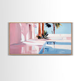 Pink Villa, Poolside View, Tropical Retreat, Canvas Print, Mediterranean Art, Vacation Home Decor, Palm Tree Wall Art, Resort Aesthetic