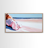 Woman in Pink, Beachside Relaxation, Canvas Print, Summer Aesthetic, Feminine Wall Art, Minimalist Seascape, Pastel Color Palette