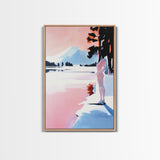 Sunset Lake, Mountain Reflection, Dreamy Landscape, Pastel Art, Framed Canvas Print, Living Room Wall Art, Romantic Nature Scene
