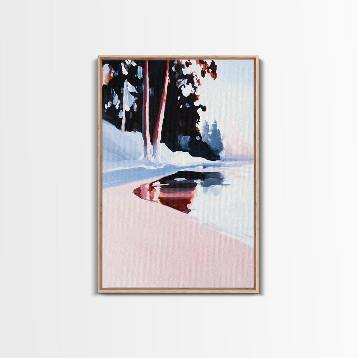Winter Forest, Snowy Pines, Lake Reflection, Seasonal Wall Decor, Framed Canvas Print, Minimalist Landscape, Cozy Wall Art, Cabin Decor