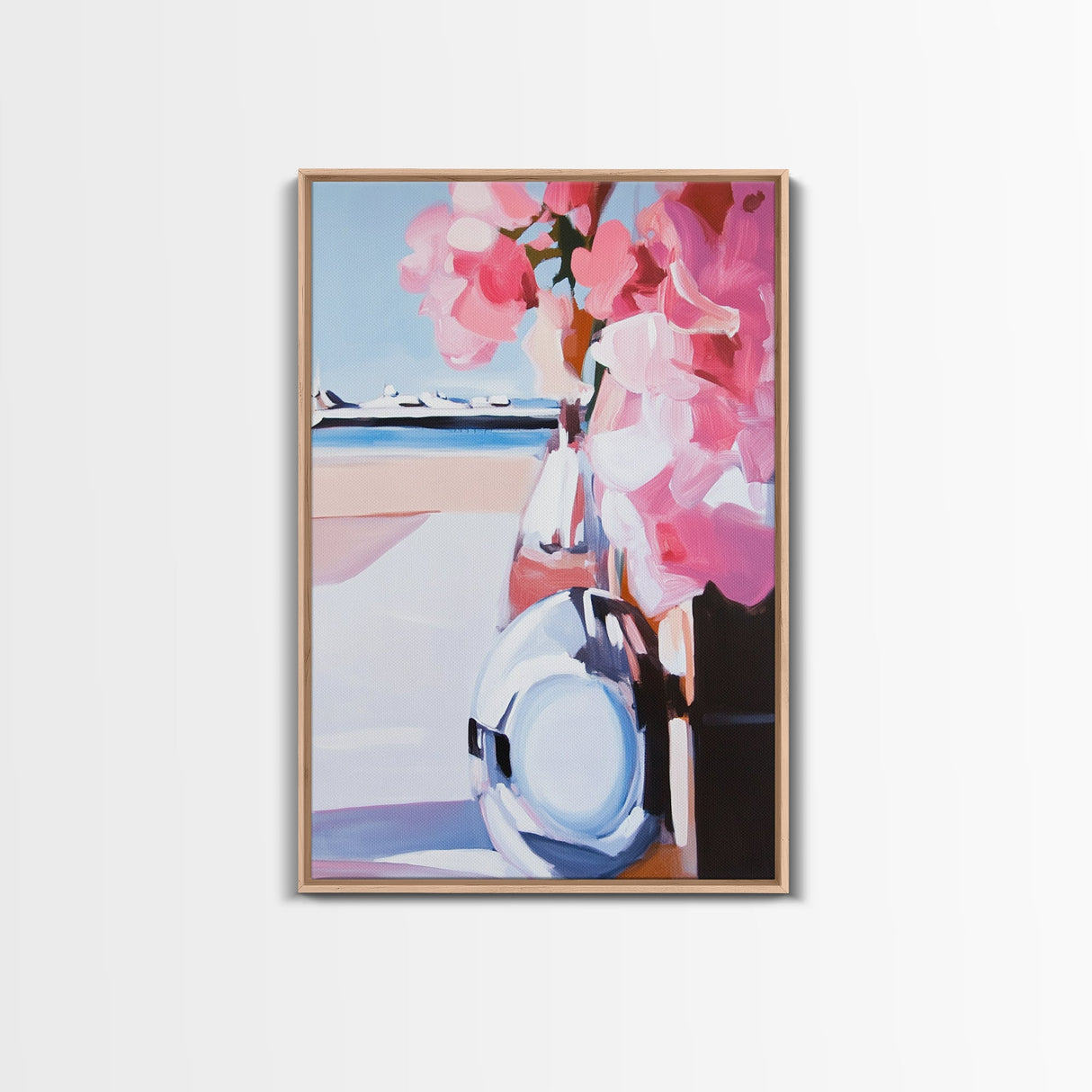 Hydrangea Vase, Coastal Painting, Framed Canvas Print, Elegant Home Decor, Minimalist Floral, Beach House Aesthetic, Gift Idea