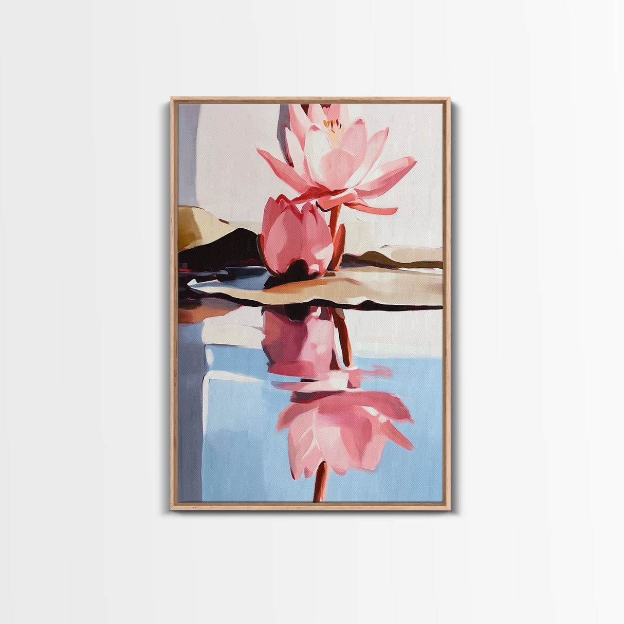 Water Lily Reflection, Zen Floral Art, Nature Botanical Painting, Framed Canvas Print, Spa Wall Decor, Minimalist Bedroom Art