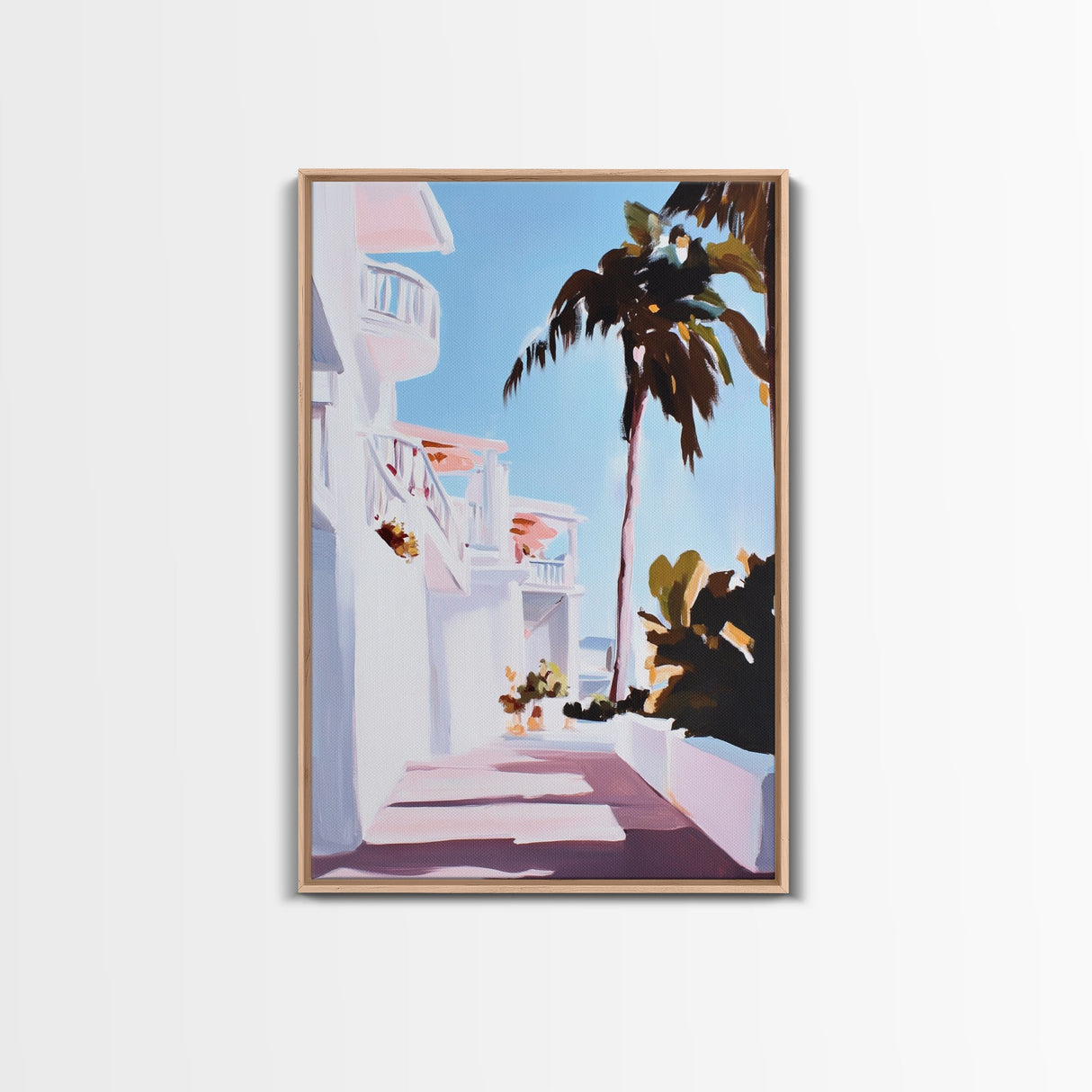 Tropical Balcony View, Palm Tree Painting, Coastal Boho Art, Framed Canvas Print, Mediterranean Aesthetic, Living Room Wall Art, Beach House Decor