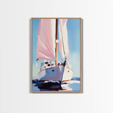 Sailboat, Nautical Decor, Ocean Theme, Maritime Art, Coastal Wall Art, Blue and Pink, Travel Inspired, Framed Canvas Print, Living Room