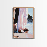 Seaside Cliffs, Coastal Abstract, Modern Beach Art, Ocean Painting, Minimalist Seascape, Blue and Pink Decor, Framed Canvas Print