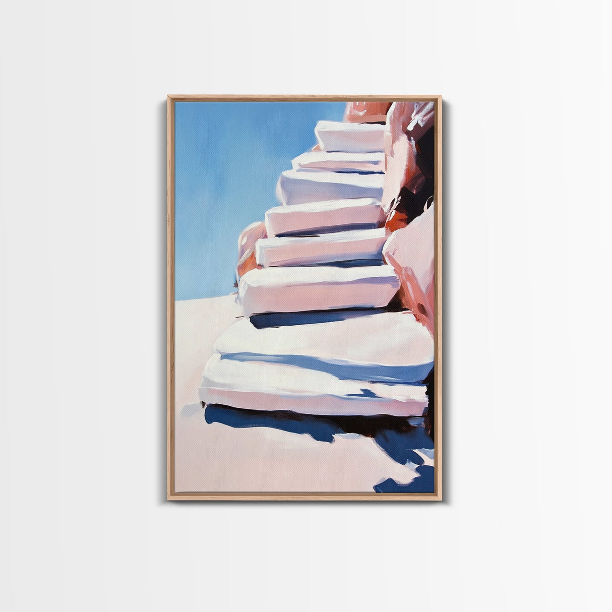 Stairway To Sky, Abstract Architecture, Minimalist Art, Modern Wall Decor, Soft Pastel Tones, Framed Canvas Print, Bedroom
