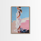 Woman in White, Summer Art, Elegant Coastal Decor, Framed Canvas Print, Beach Painting, Modern Boho Wall Art, Bedroom Wall Art