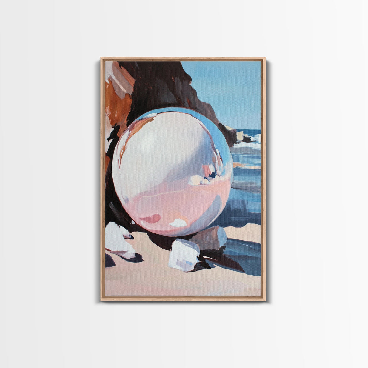 Reflective Sphere, Surrealist Print, Beach Art, Coastal Decor, Framed Canvas Print, Minimalist Aesthetic, Living Room Wall Art