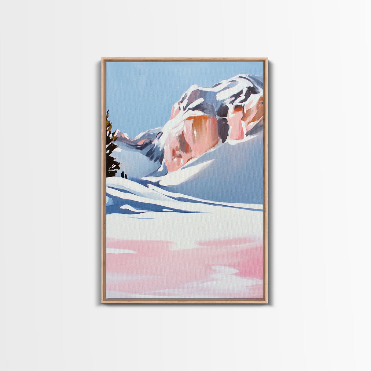 Snowy Mountains, Pink Winter Landscape, Minimalist Christmas Art, Modern Nature Painting, Cozy Lodge Wall Art, Canvas Print