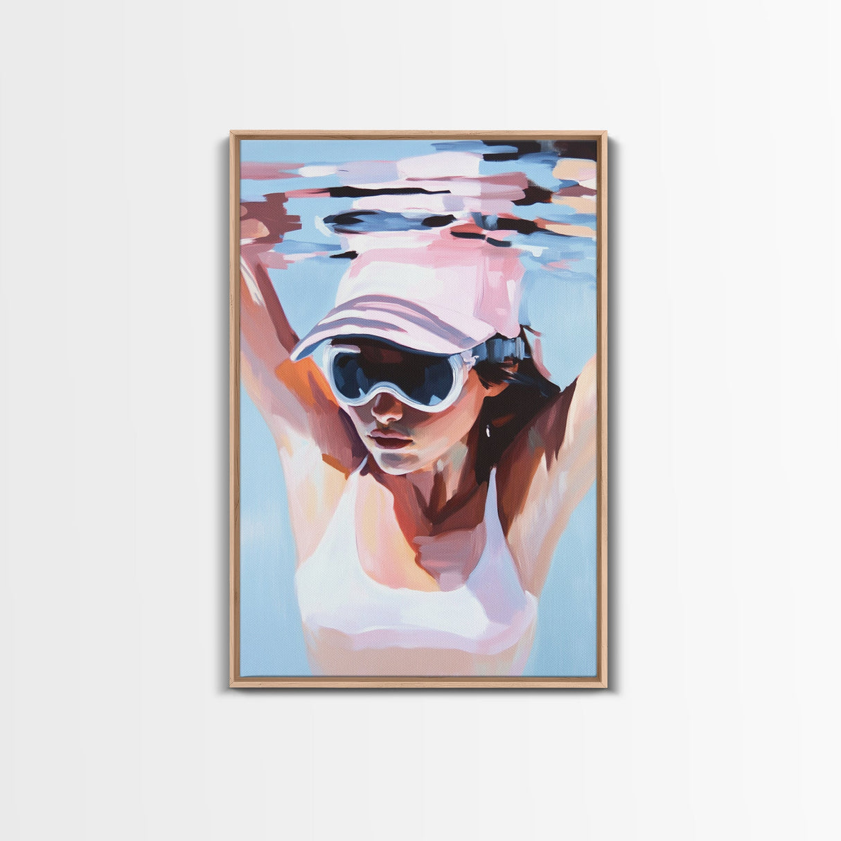 Woman swimming, Coastal Serenity Art, Framed Canvas Print, Modern Beach House Decor, Soft Pastel Seascape, Minimalist Landscape Painting