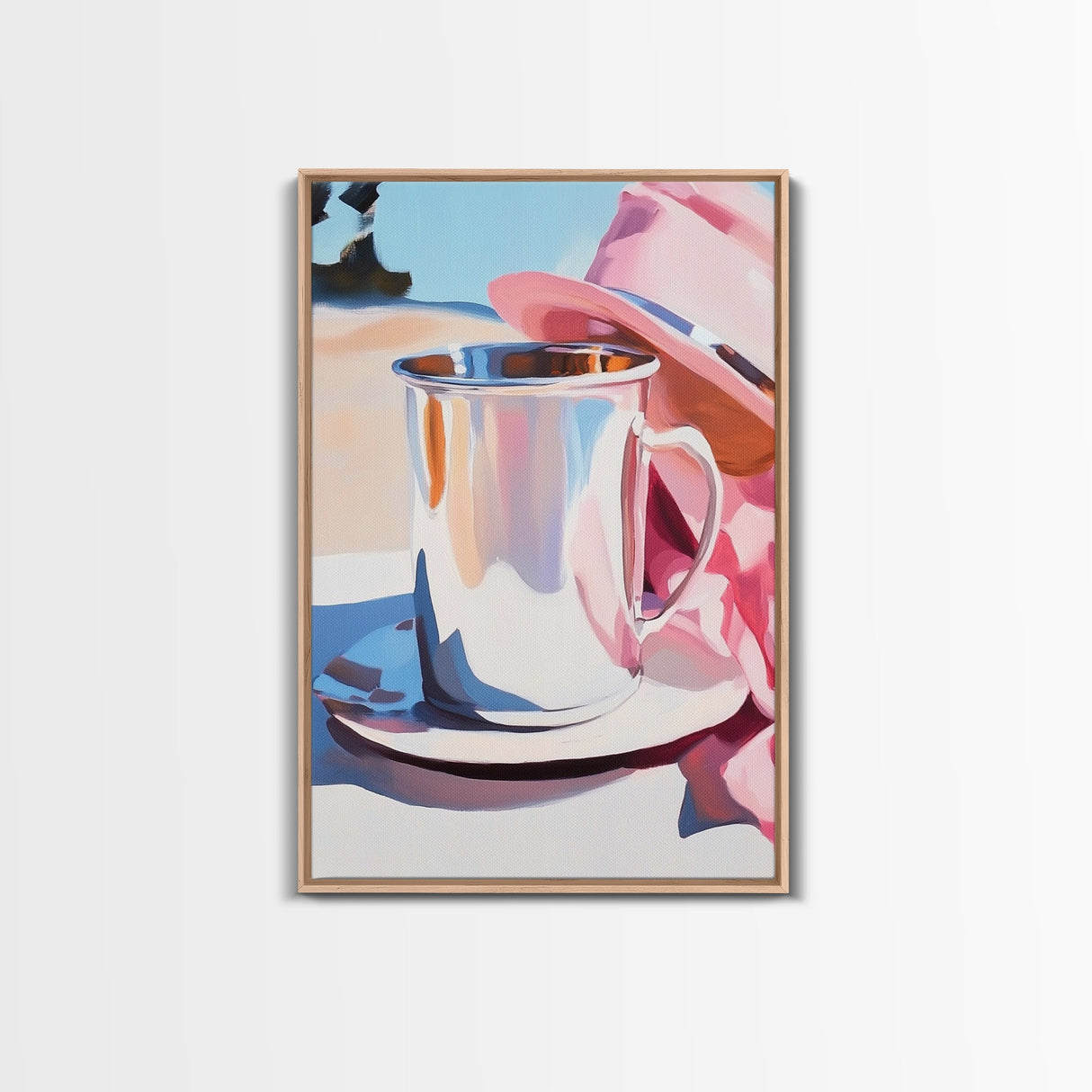 Silver Cup and Hat, Elegant Still Life, Minimalist Kitchen Decor, Soft Pastel, Modern Aesthetic, Canvas Print, Framed Canvas Print