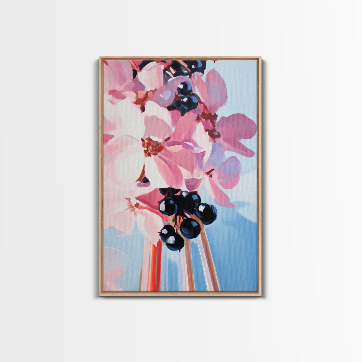 Blooming Flowers, Pink and Blue, Botanical Painting, Soft Aesthetic, Feminine Decor, Floral Home Art, Romantic Wall Art, Canvas Print
