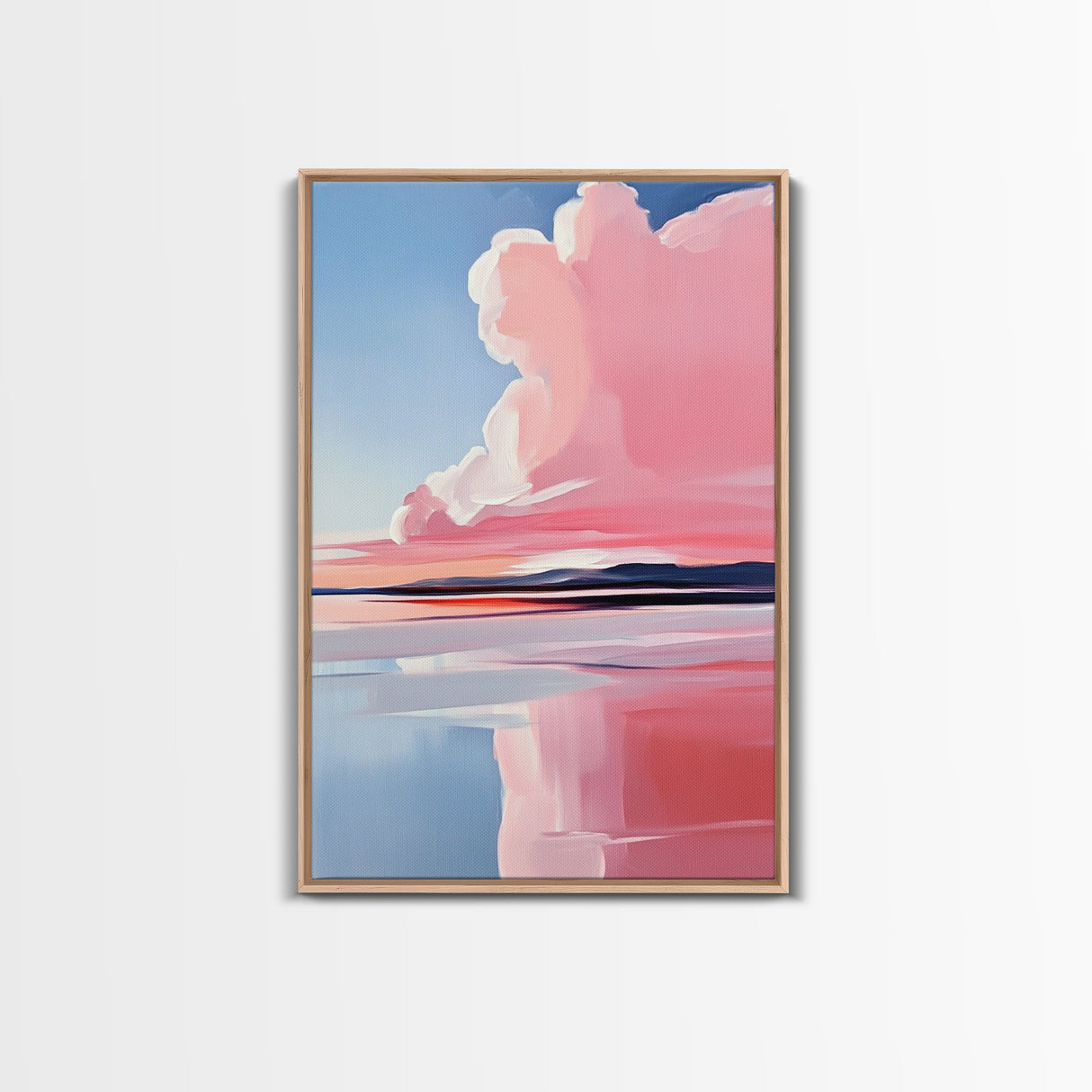 Lakeside Reflection, Calm Water Art, Serene Landscape, Pink and Blue Painting, Boho Minimalist Decor, Framed Canvas Print, Gift Idea