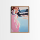 Dreamy Beach Art, Minimalist Woman Portrait, Coastal Fashion Illustration, Soft Pastel Colors, Framed Canvas Print, Bedroom Wall Art