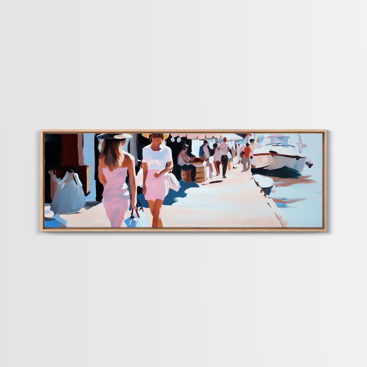 Summer Market, Stylish Women, Canvas Print, European Street Scene, Coastal Town, Fashion Artwork, Chic Home Decor, Travel Aesthetic
