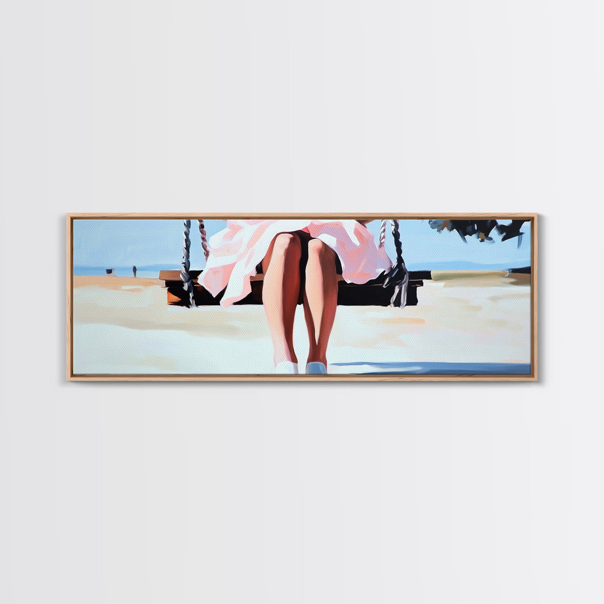 Swing By The Sea, Pastel Sky, Framed Canvas Print, Beach Wall Art, Minimalist Decor, Relaxing Aesthetic, Soft Tones, Coastal Living