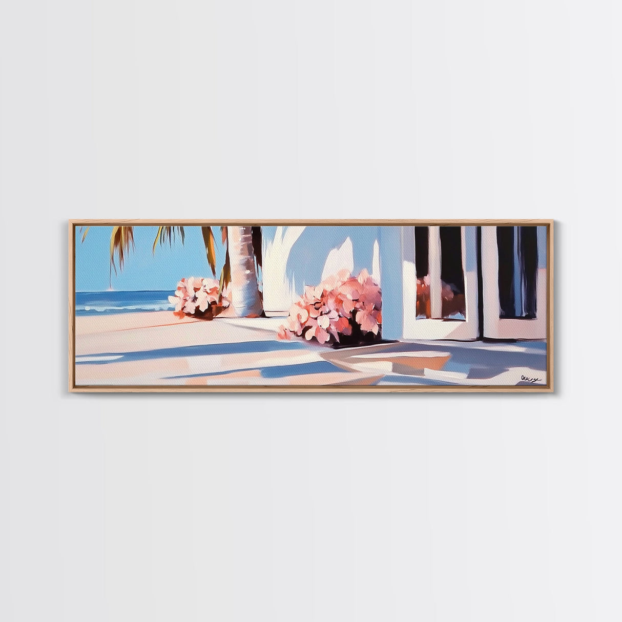 Beachfront Patio, Coastal Home, Ocean View Art, Framed Canvas Print, Seaside Decor, Summer House Aesthetic, Serene Wall Artwork