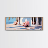 Beachfront Patio, Coastal Home, Ocean View Art, Framed Canvas Print, Seaside Decor, Summer House Aesthetic, Serene Wall Artwork