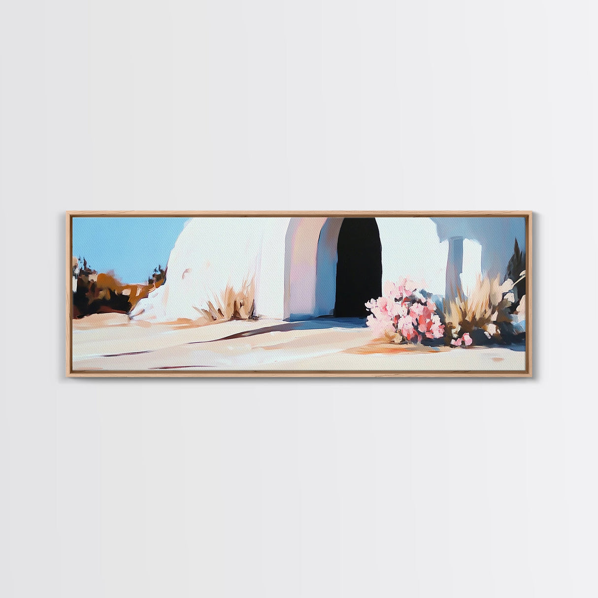 White House, Black Doorway, Blooming Flowers, Framed Canvas Print, Mediterranean Wall Art, Minimalist Architecture, Neutral Decor