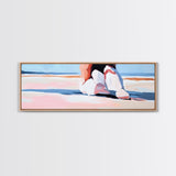 Woman, Pink Dress, Ocean Waves, Framed Canvas Print, Feminine Wall Art, Romantic Beach Scene, Soft Pastel Aesthetic, Dreamy Home Decor