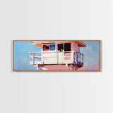 Lifeguard Tower, Ocean, Coastal, Framed Canvas Print, Beach House Decor, Nautical Wall Art, Minimalist Aesthetic, Blue and White Tones