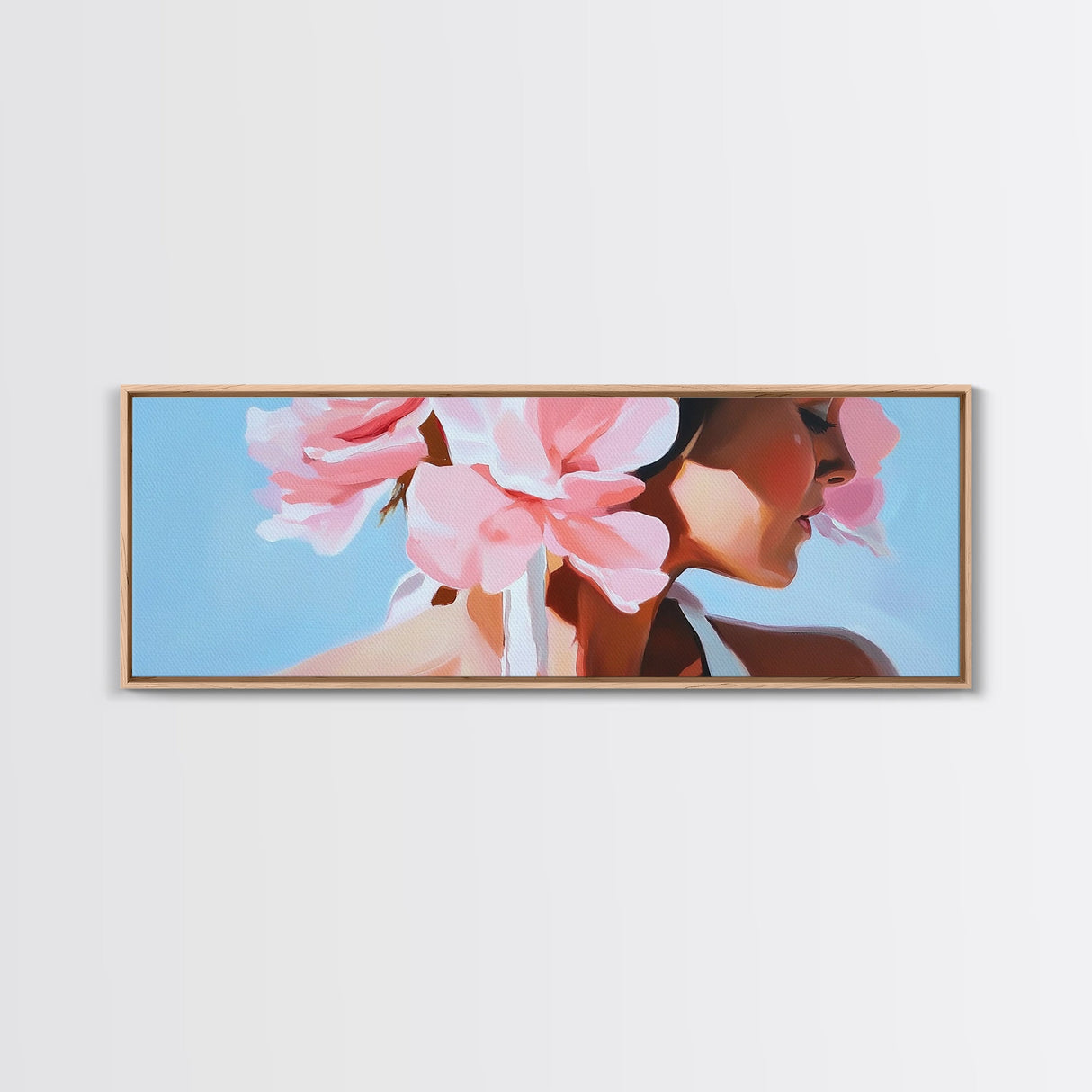 Floral Woman, Feminine Beauty, Elegant Portrait, Boho Canvas Print, Bedroom Wall Art, Modern Aesthetic, Pastel Pink Home Decor