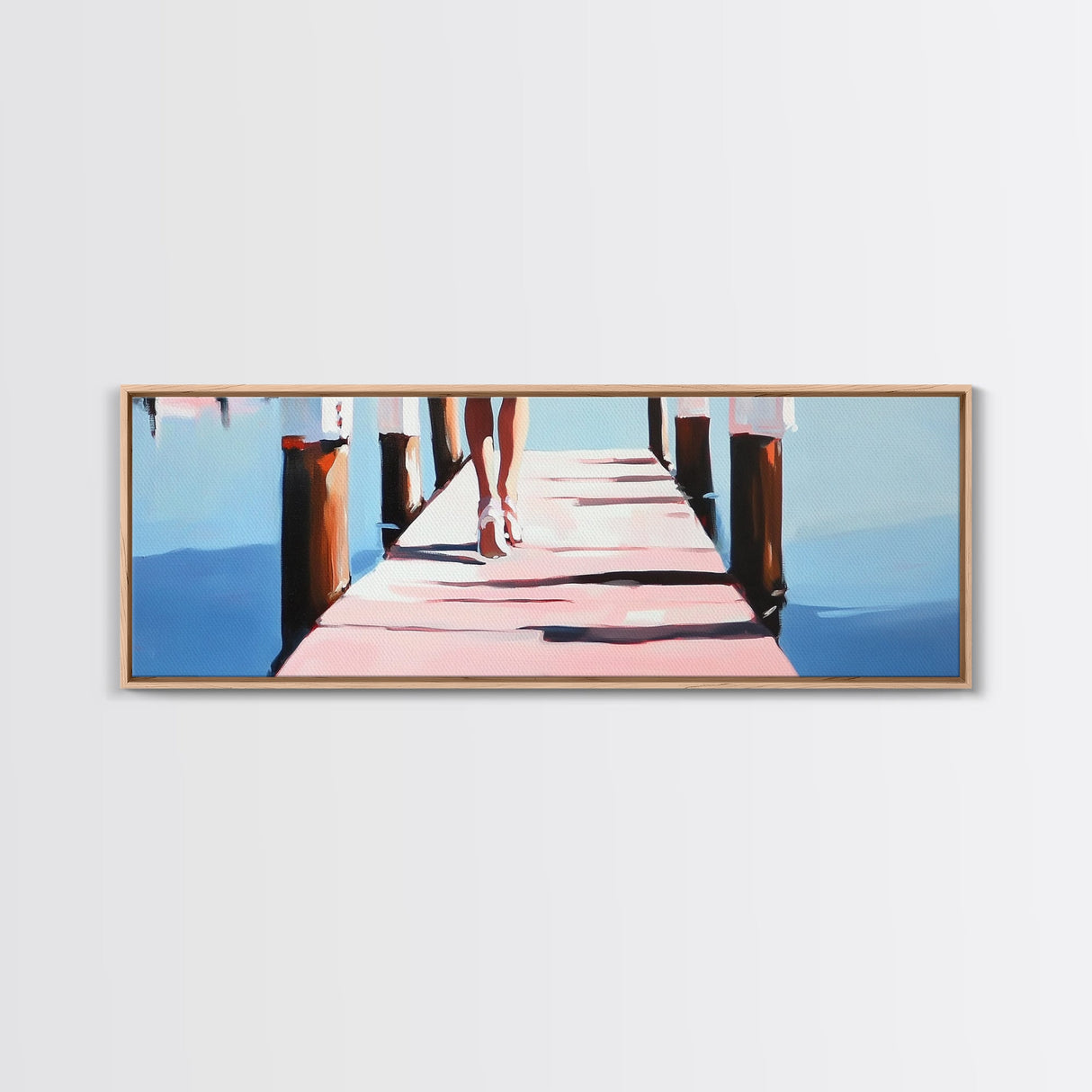Walking on Dock, Waterfront Scene, Coastal Style, Framed Canvas Print, Minimalist Wall Art, Nautical Decor, Light and Airy Art